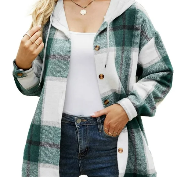MOSHU Flannel Shirts for Women Button Down Plaid Shirt Hooded Shacket Jacket - Picture 2 of 4